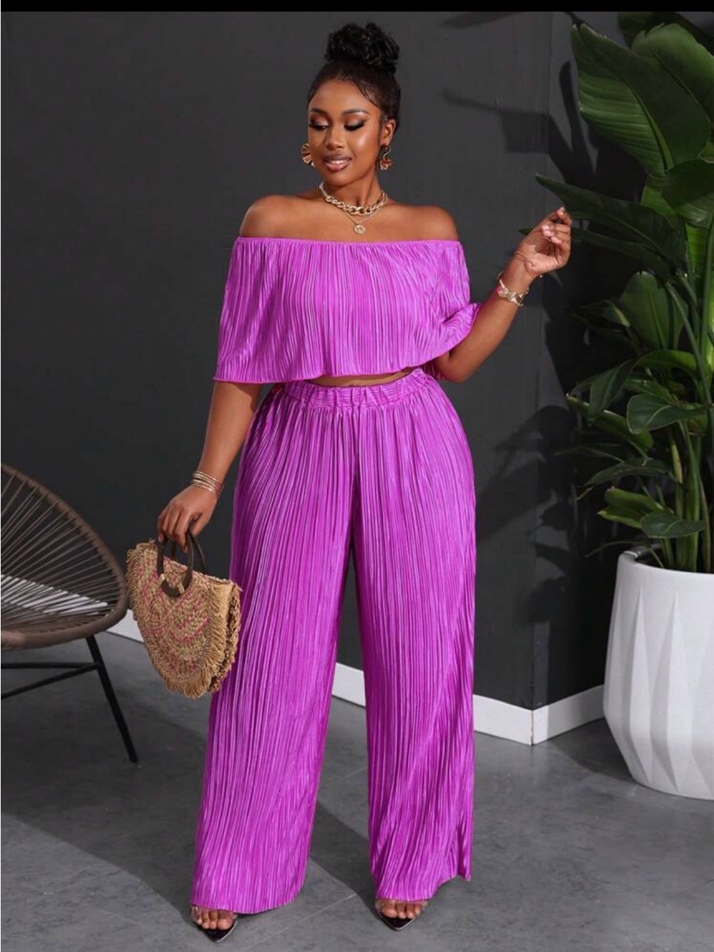 SHEIN Off-Shoulder crop top-  Pleated Wide-Leg bottoms - Magenta